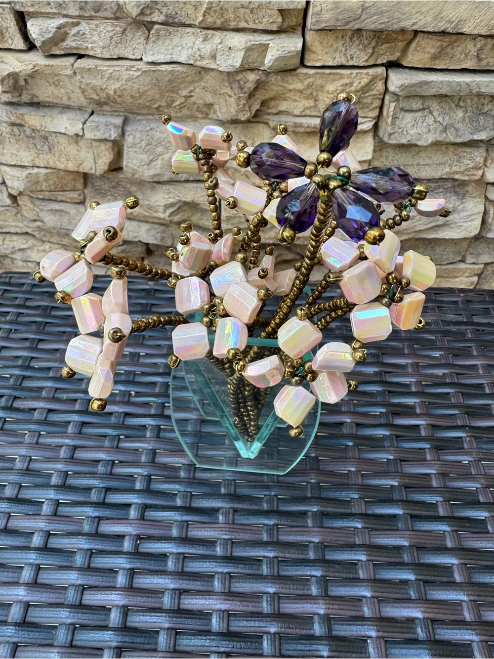 Beaded Floral Accent Sculpture in Pink and Purple for Decor